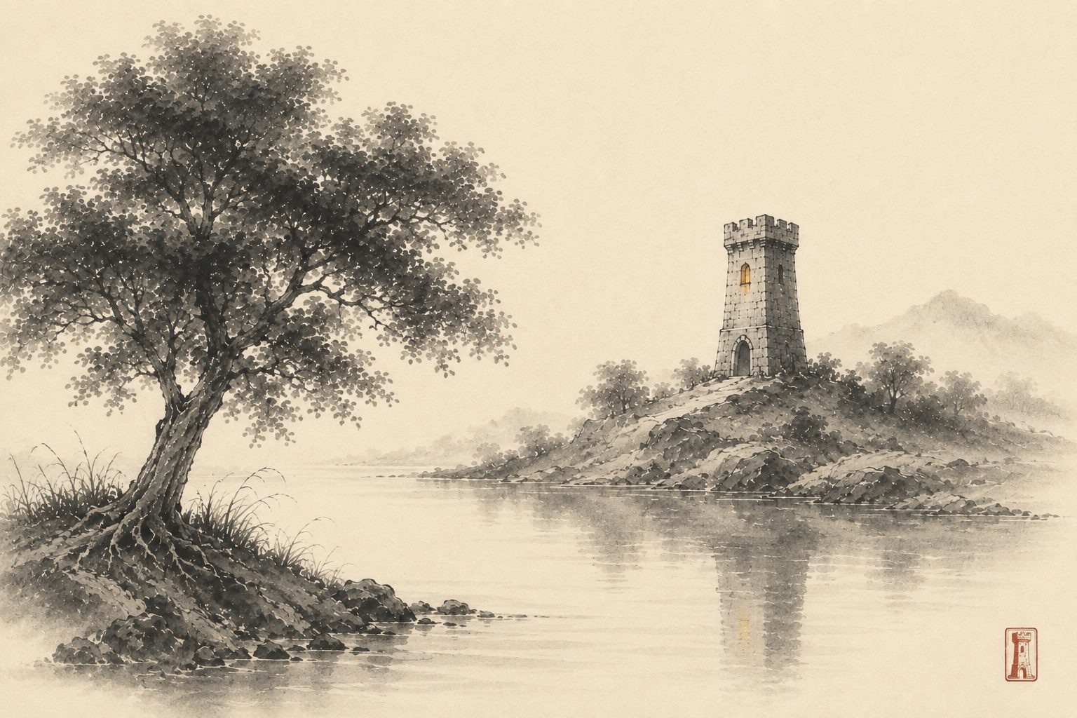 A tree planted by the river beside the tower — sumi-e ink painting