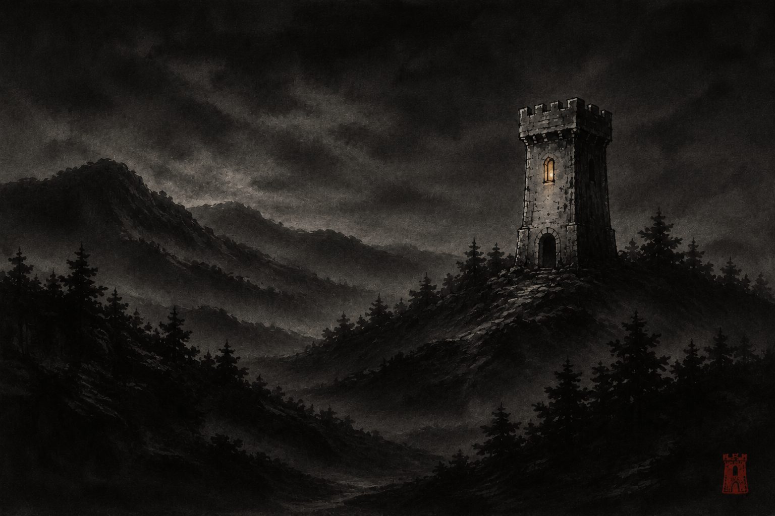 A dark night landscape where the tower's single window is the only light — sumi-e ink painting