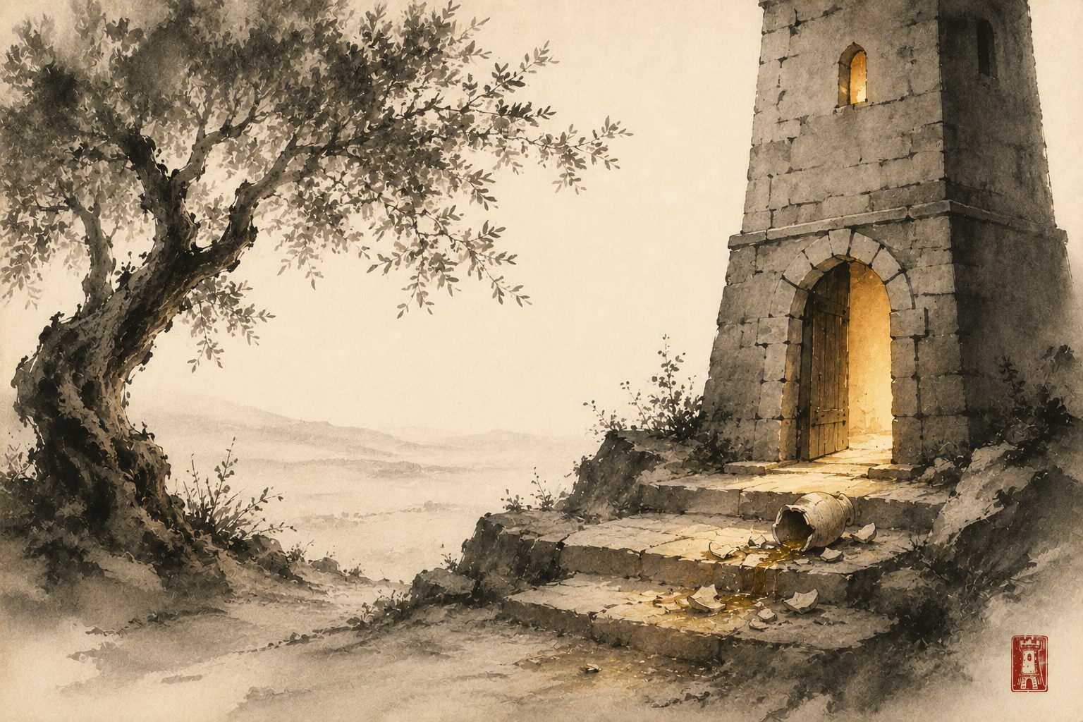 A broken alabaster jar spilling oil at the lit door of the tower — sumi-e ink painting