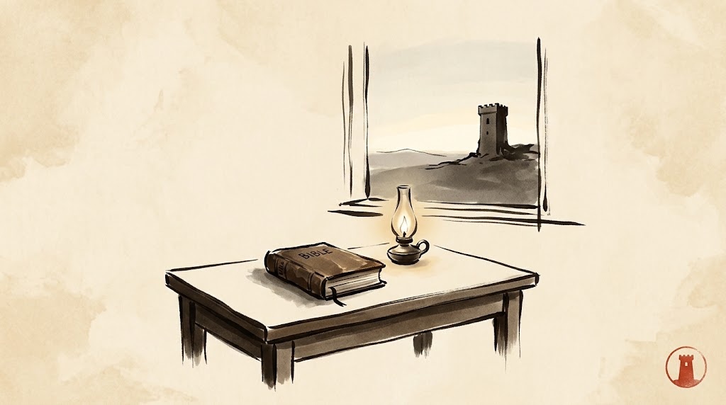 An open Bible and a lit oil lamp on a desk before first light, a lone tower visible through the window against the breaking dawn — sumi-e ink painting