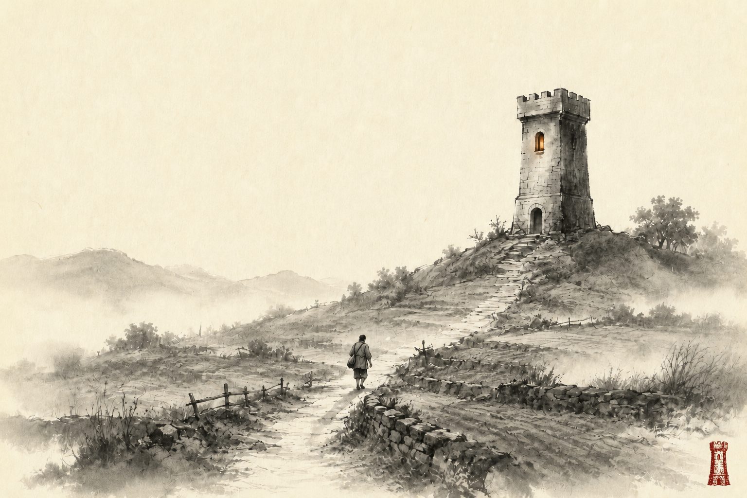 A lone figure walking a morning path through fields toward the tower — sumi-e ink painting