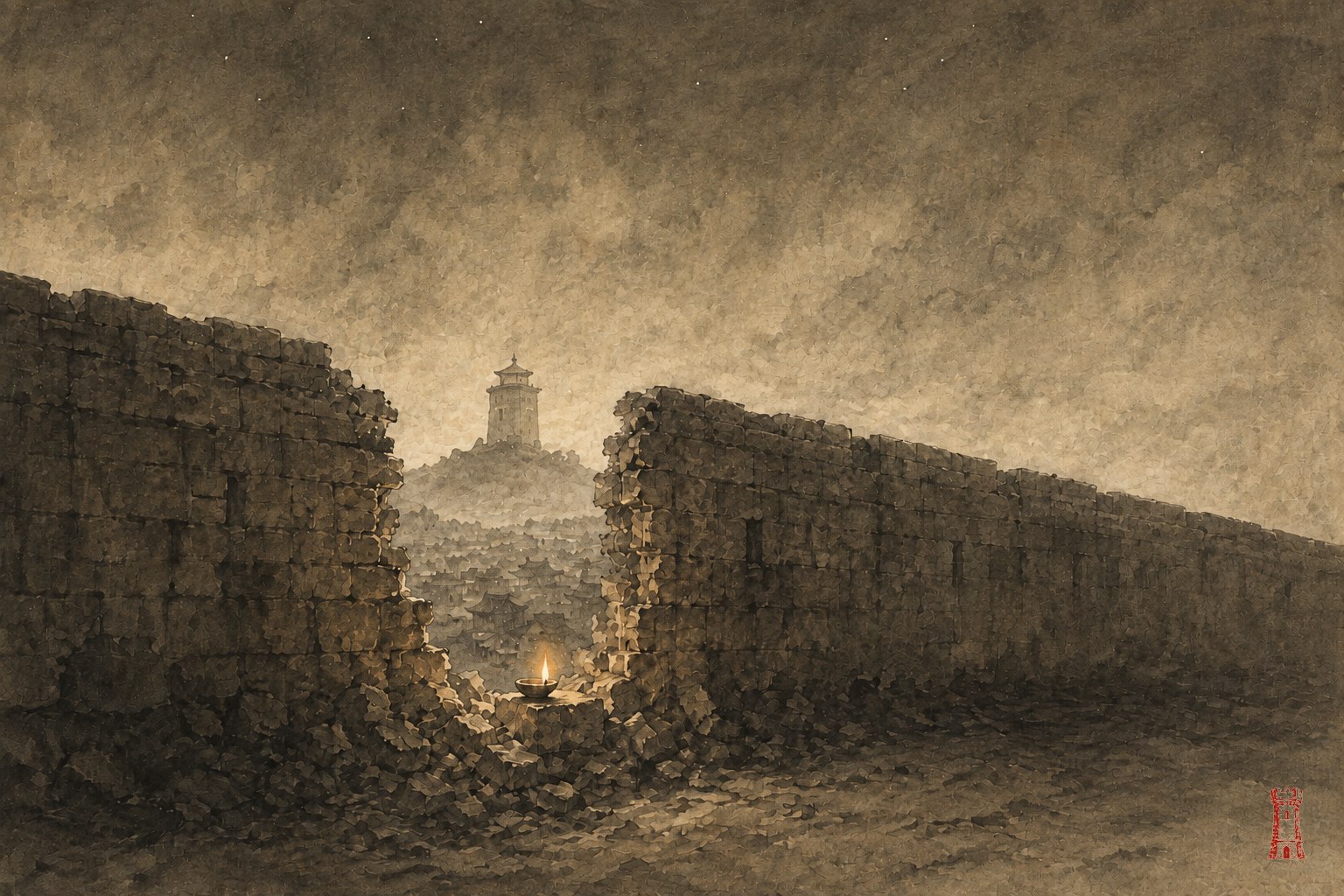 A breached city wall at night, a small oil lamp burning on a fallen stone in the empty gap, a sleeping city in mist beyond and a faint tower on a far hill — ink-and-wash painting