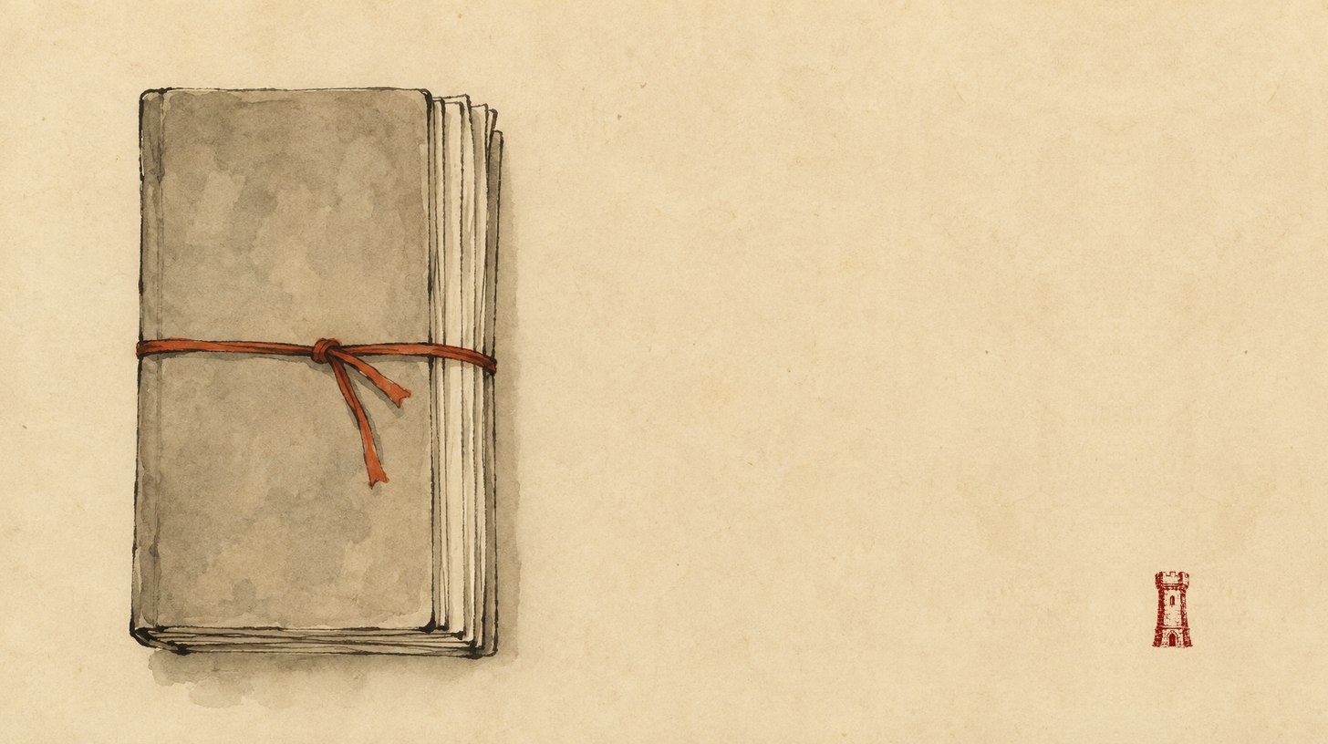 A worn bundle of pages bound shut with a red cord knotted at its center, resting on parchment, the small red tower seal at the lower right — ink-and-wash painting