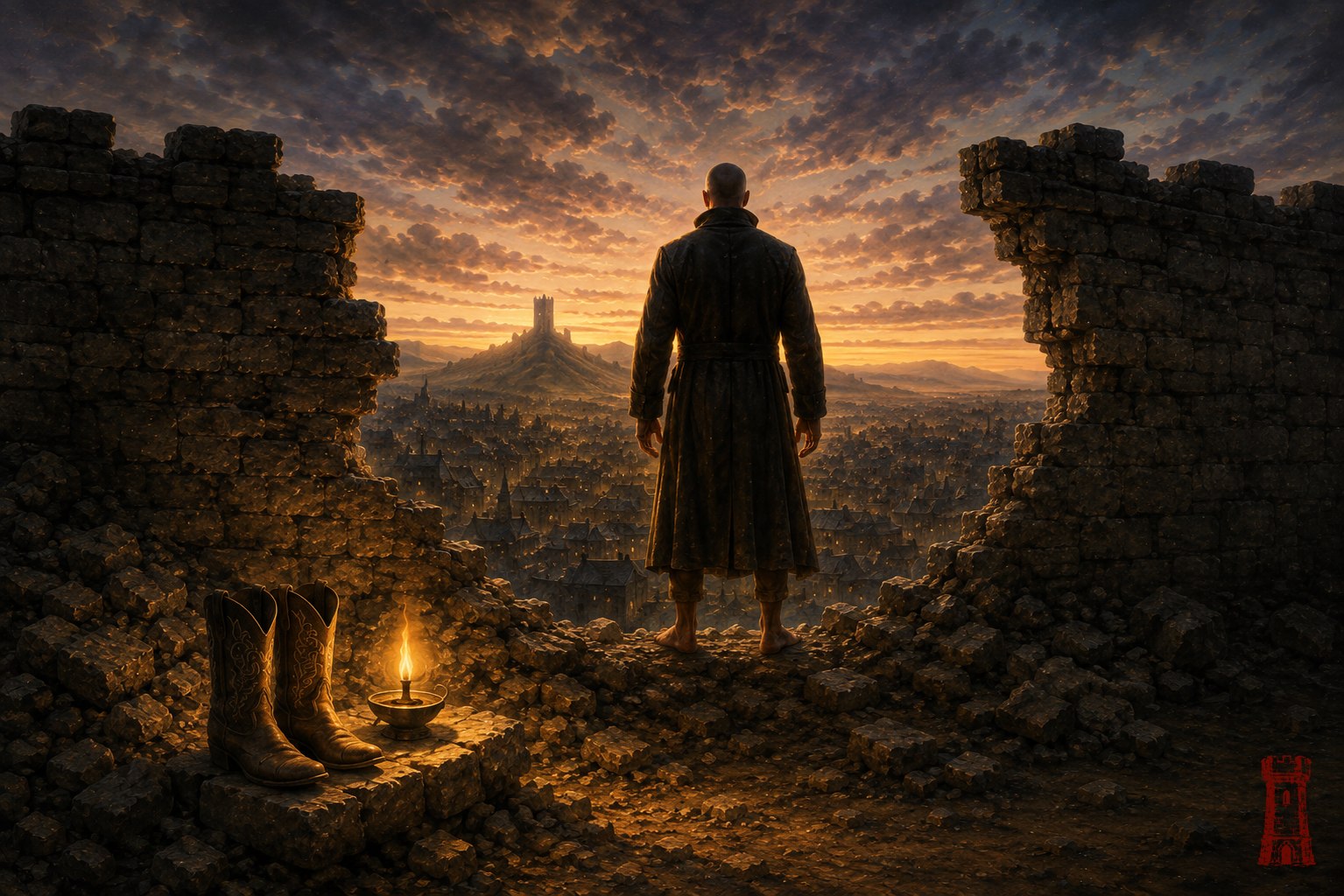 A lone man stands barefoot in the breach of a ruined city wall at first light, his boots set beside a burning oil lamp on the fallen stones, a solitary tower on the far hill beneath the dawn, the small red tower seal at the lower right — oil painting