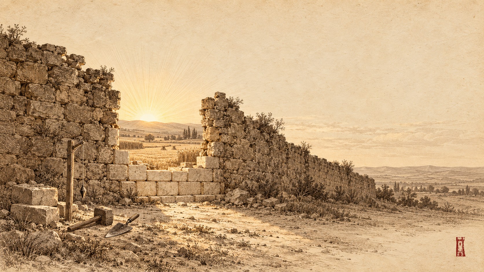 A breach in an ancient stone wall being repaired, fresh courses laid at its base and a mason’s tools set down beside it, with the sun rising through the gap over a harvested field whose corners are left uncut — sepia engraving