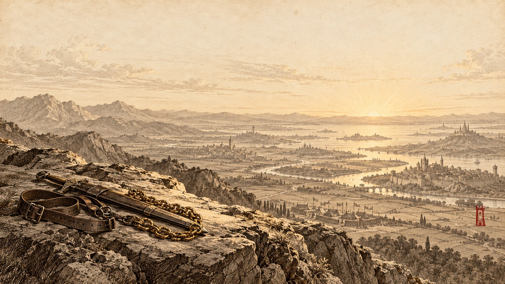 A sheathed sword, its belt, and a gold chain of office laid down on a mountain summit, with the kingdoms of the world spread across the plain below at sunrise — sepia engraving