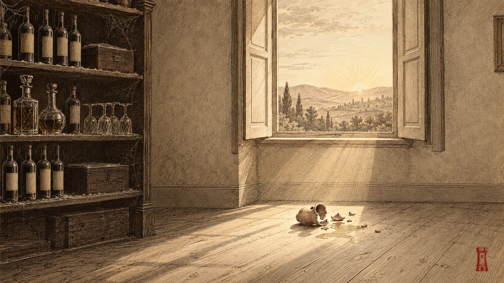 A dusty shelf of fine bottles and decanters in shadow on the left; on the right, an open window pouring morning light onto a small broken clay jar spilling oil across the floorboards — sepia engraving