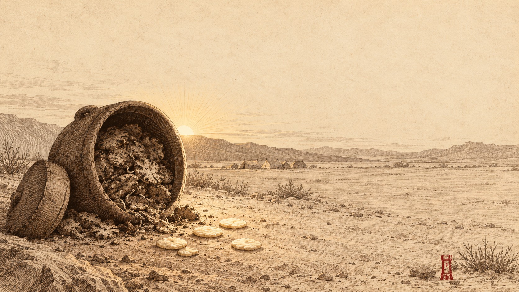 A clay storage jar tipped over on the desert sand at dawn, its hoarded manna spoiled and dark, while a few fresh wafers lie clean on the open ground in the rising light — sepia engraving
