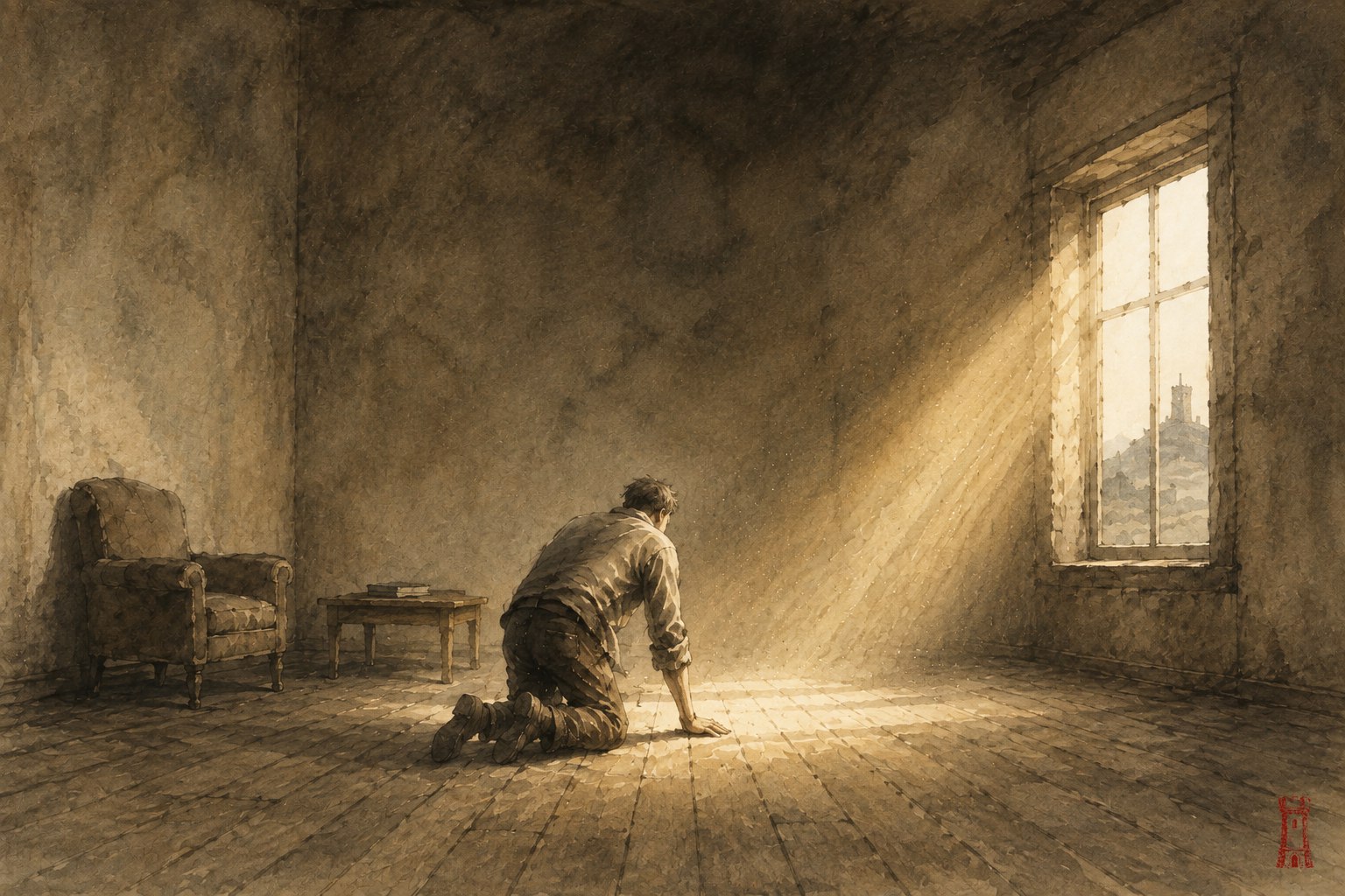 A man rising from the floor of a bare living room inside a broad shaft of window light, dust climbing in the beam; through the window, far off, a tower on its height — ink-and-wash painting