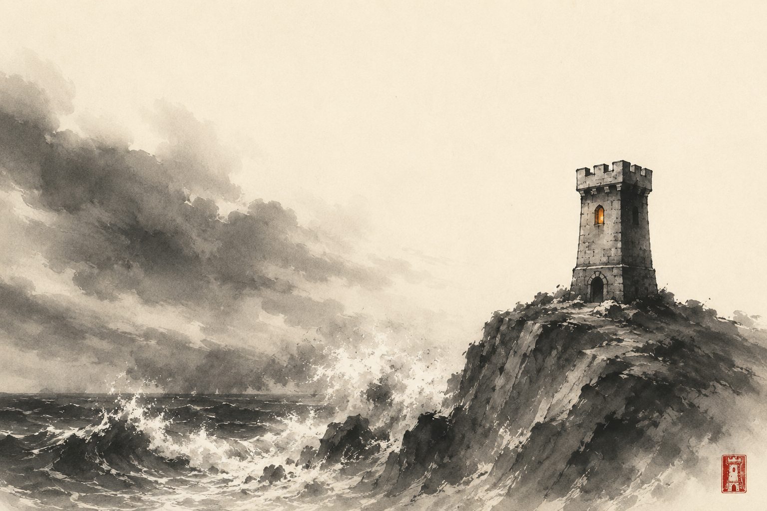 A watchtower on a sea-cliff above storm waves — sumi-e ink painting